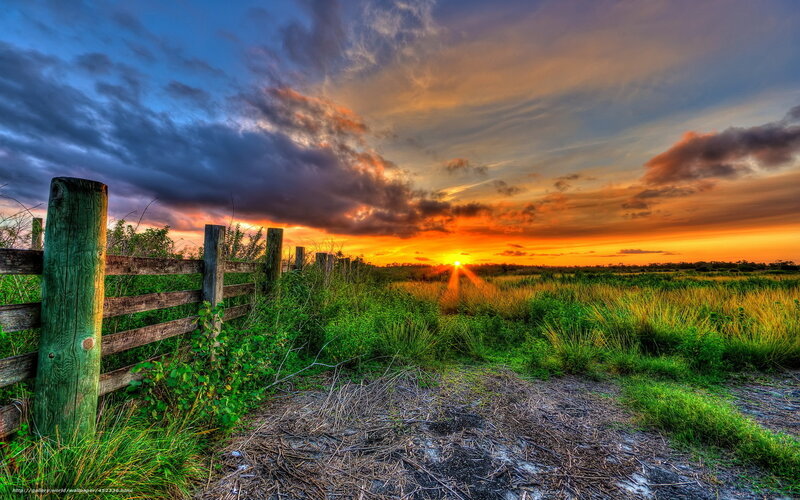 Sunset over Grassy Field — Orange, Dramatic, Photograph, Fence, Path