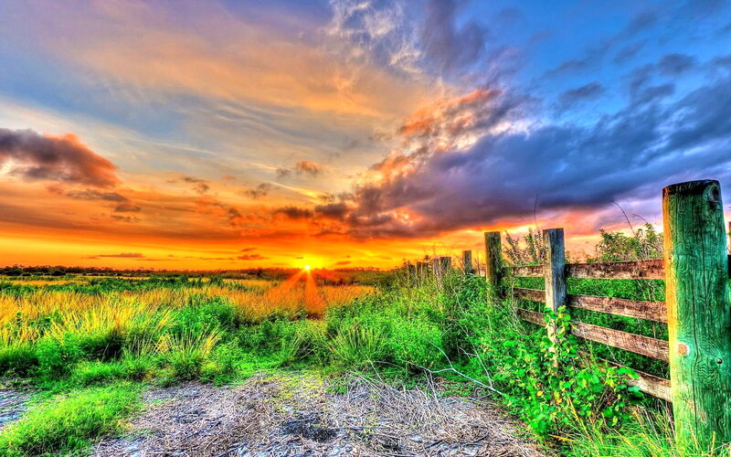 Sunset over Grassy Field — Orange, Dramatic, Photograph, Fence, Sky