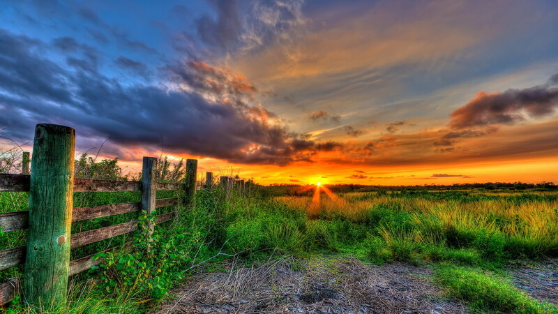 Sunset over Grassy Field — Orange, Dramatic, Photograph, Fence