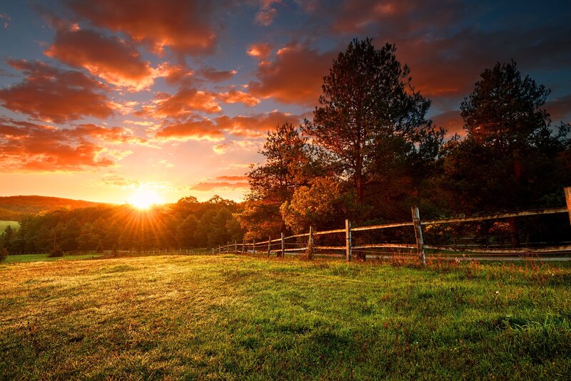 Sunset over Grassy Field — Orange, Serene, Photograph, Fence