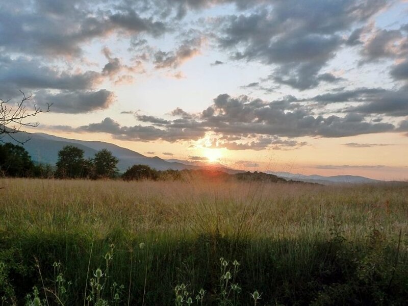 Sunset over Grassy Field — Orange, Serene, Photograph, Mountains