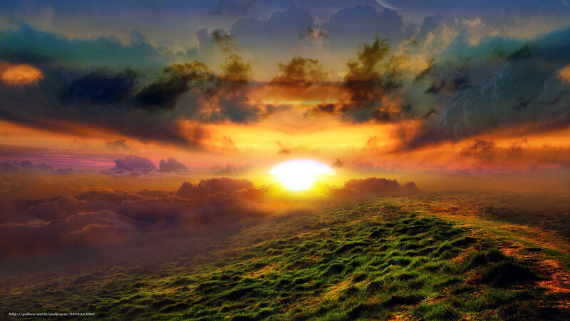 Sunset over Grassy Hill — Orange, Dramatic, Digital Art