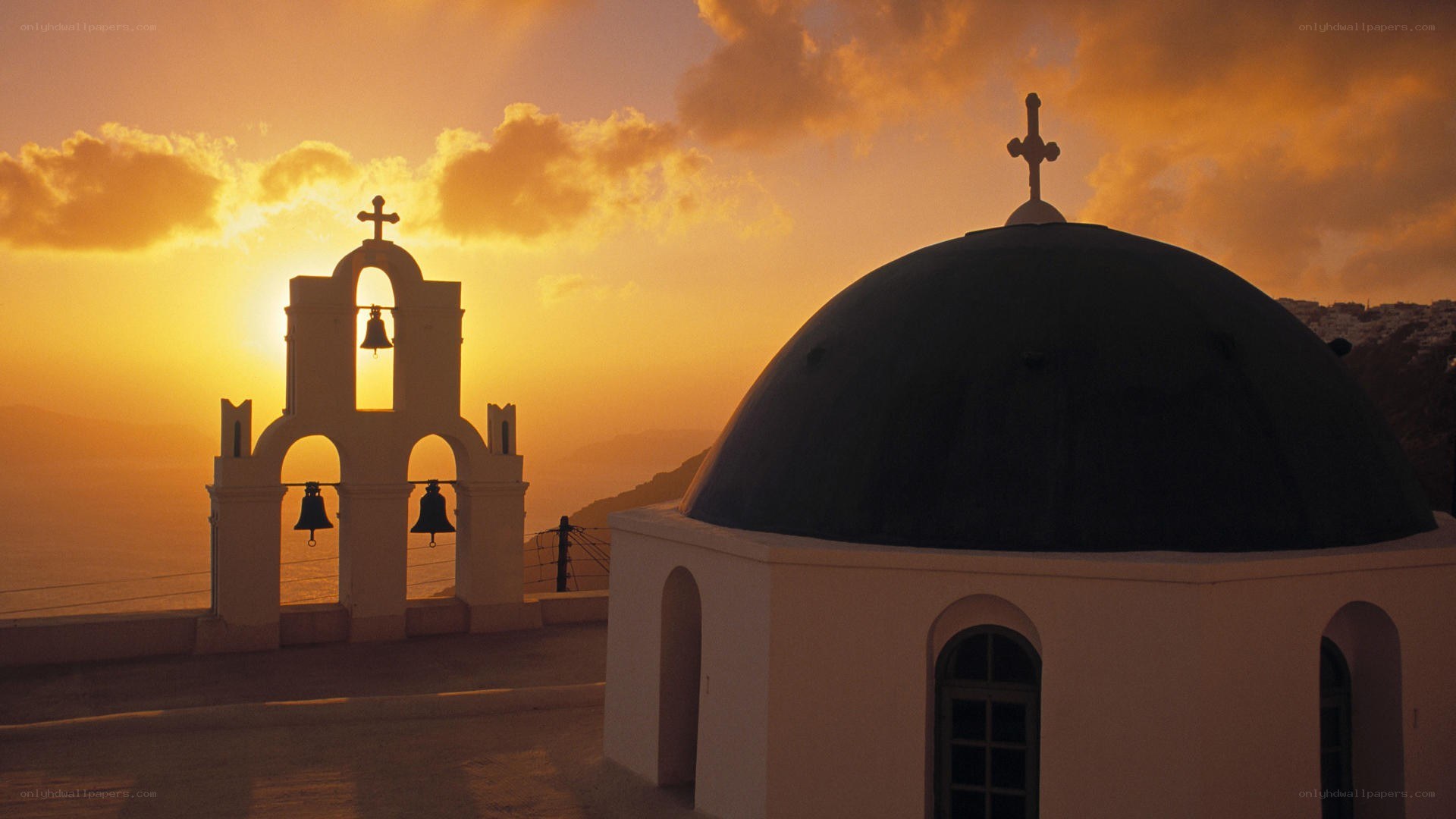 Sunset over Greek church