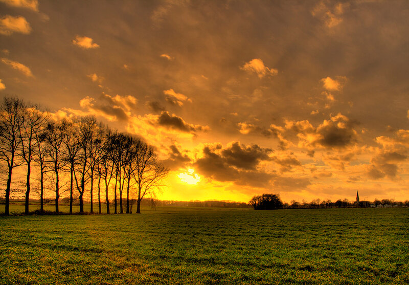 Sunset over Green Field — Orange, Dramatic, Photograph