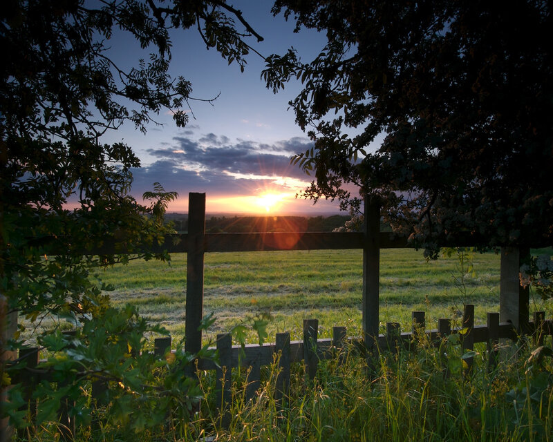 Sunset over Green Field — Serene, Photograph, Fence