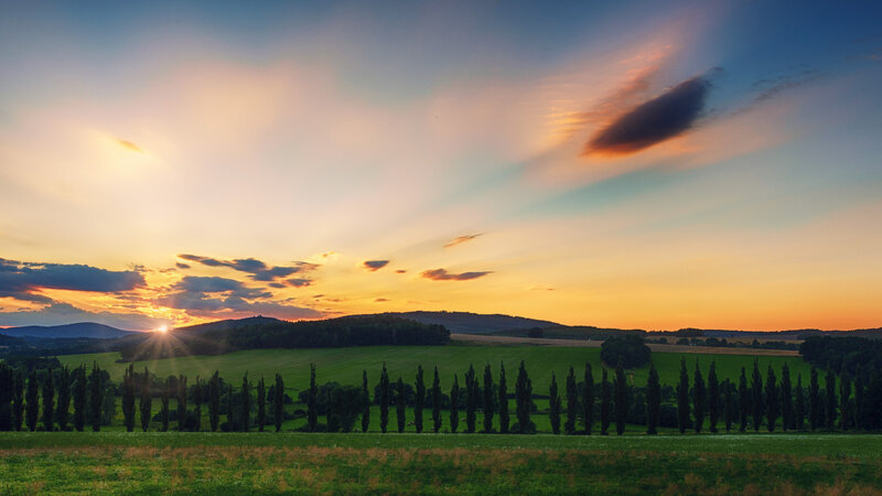 Sunset over Green Fields — Orange, Serene