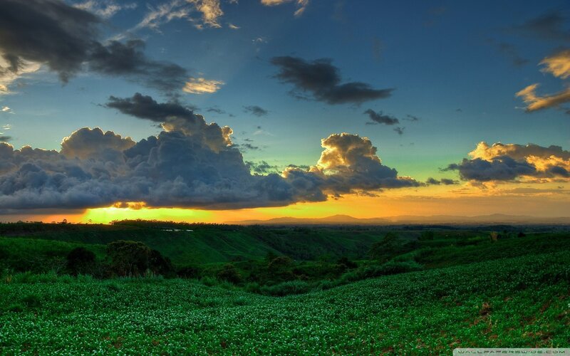 Sunset over green hills
