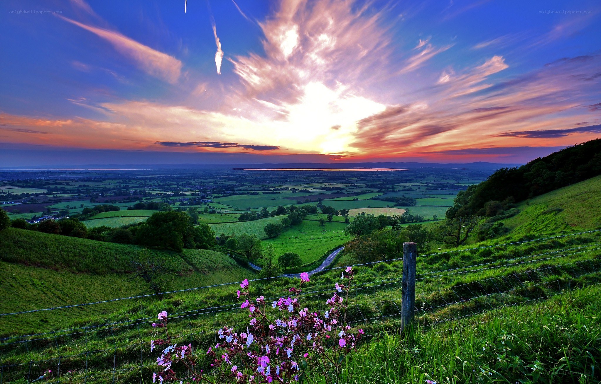 Sunset over green hills