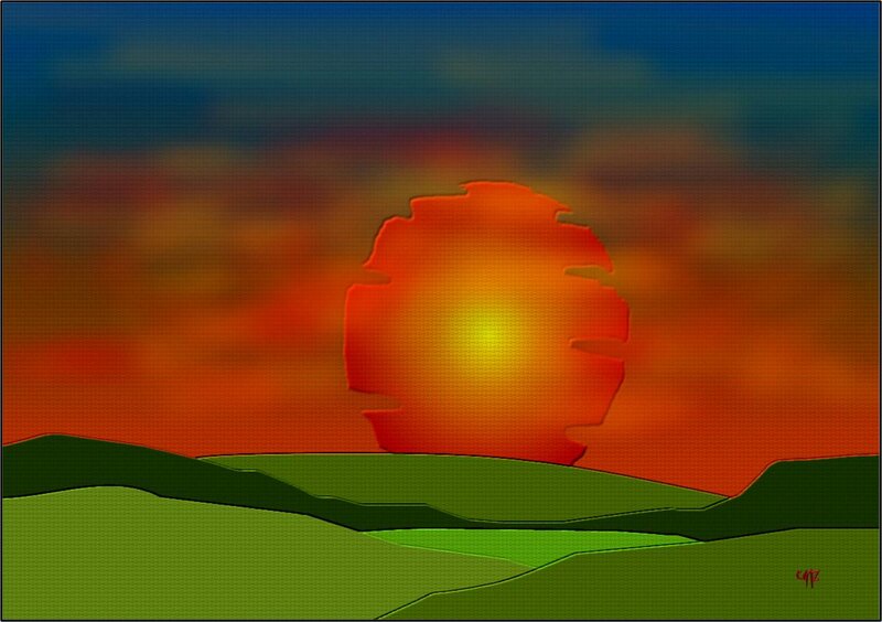 Sunset over Green Hills — Serene, Digital Art