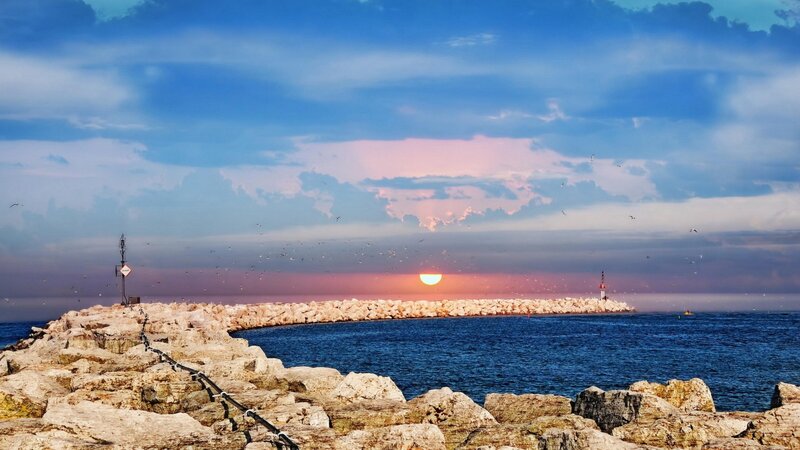 Sunset over Harbor — Blue, Serene, Photograph, Seagulls