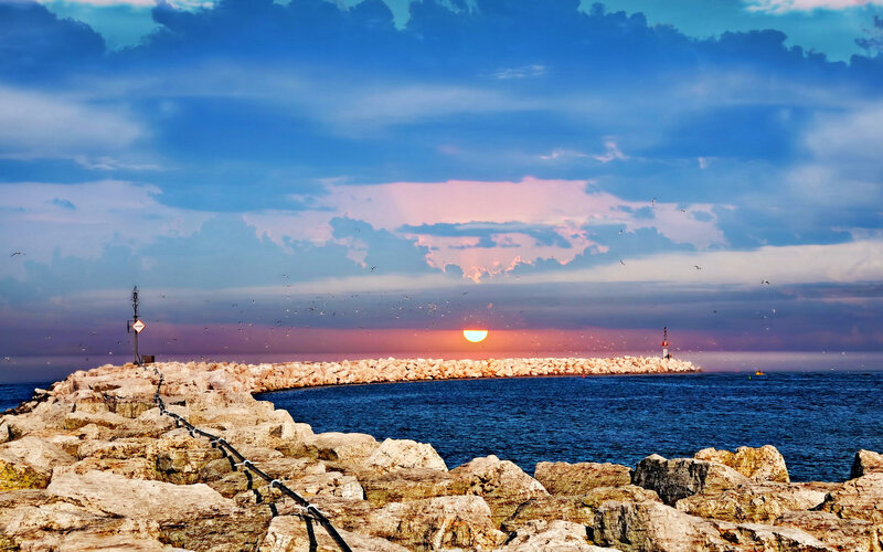 Sunset over Harbor — Blue, Serene, Photograph
