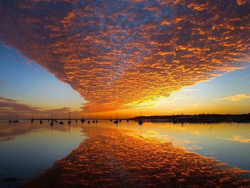 Sunset over Harbor — Orange, Dramatic, Photograph, Boats, Clouds, Reflection