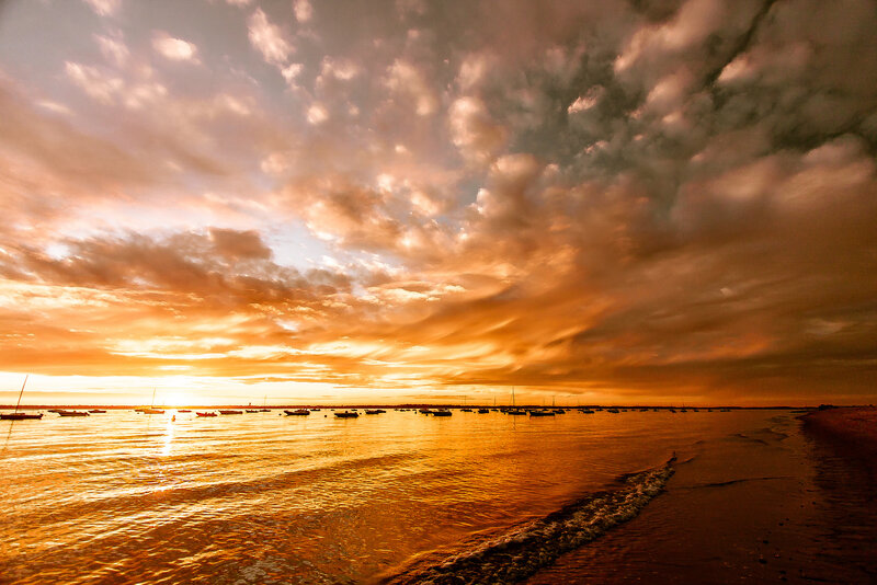 Sunset over Harbor — Orange, Dramatic, Photograph, Boats, Clouds