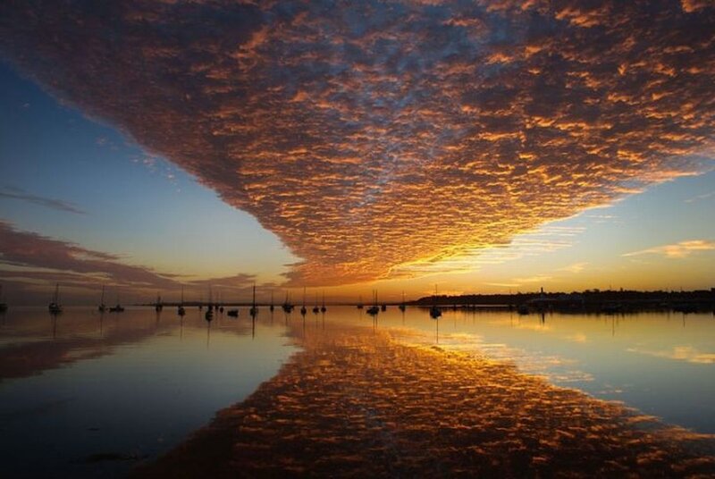 Sunset over Harbor — Orange, Dramatic, Photograph, Boats