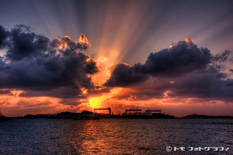 Sunset over Harbor — Orange, Dramatic, Photograph, Clouds
