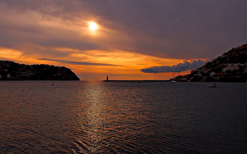 Sunset over Harbor — Orange, Dramatic, Photograph, Lighthouse
