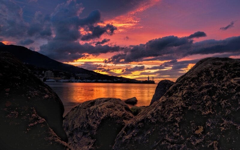 Sunset over Harbor — Orange, Dramatic, Photograph, Rocks