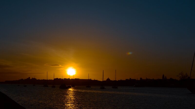 Sunset over Harbor — Orange, Serene, Photograph, Boats, City Skyline