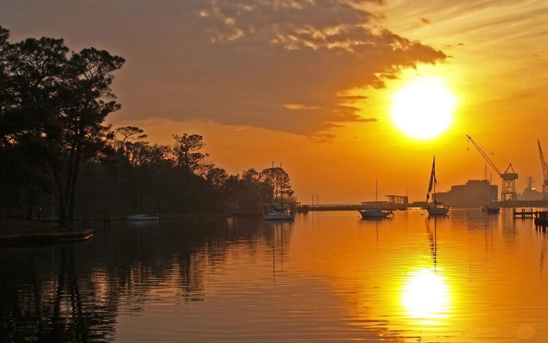 Sunset over Harbor — Orange, Serene, Photograph, Boats, Cranes