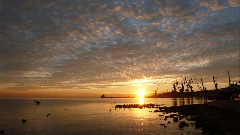 Sunset over Harbor — Orange, Serene, Photograph, Cranes, Birds