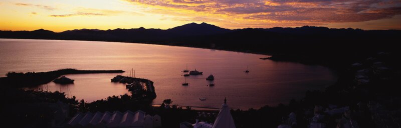 Sunset over Harbor — Orange, Serene, Photograph, Mountains