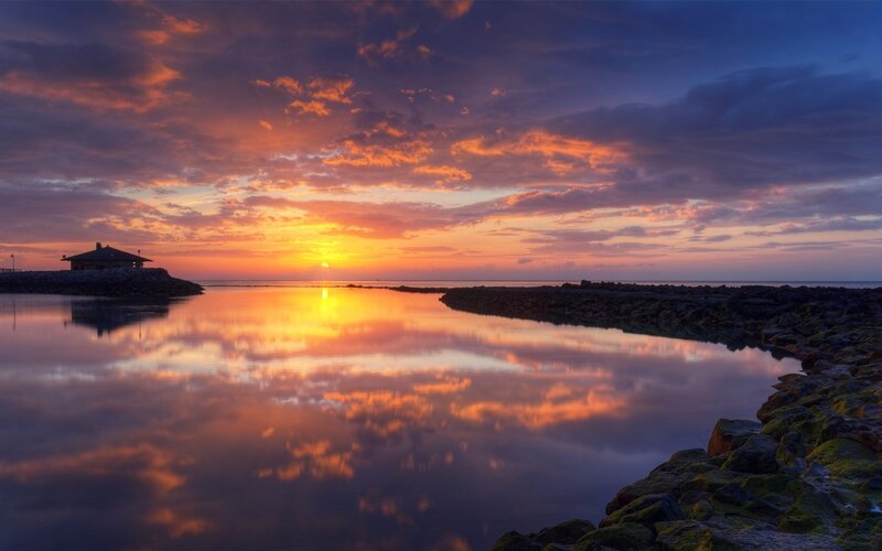 Sunset over Harbor — Orange, Serene, Photograph, Sky