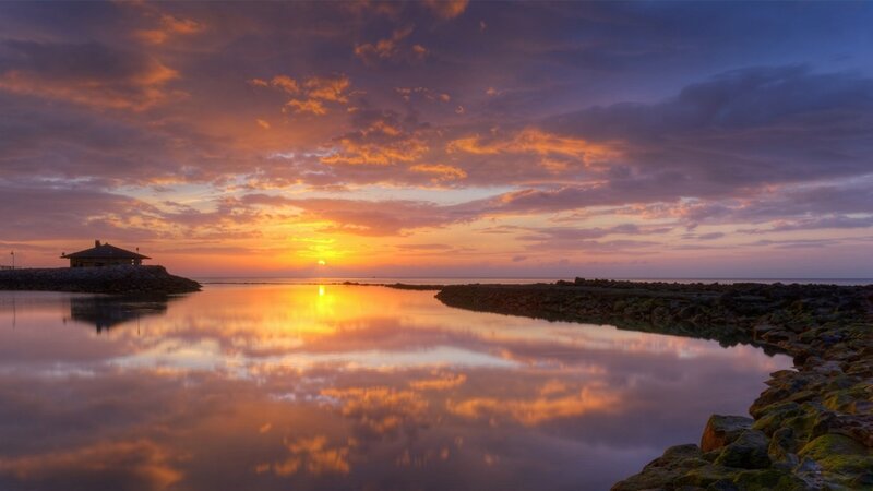 Sunset over Harbor — Orange, Serene, Photograph, Sky, Water