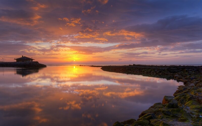 Sunset over Harbor — Orange, Serene, Photograph, Sun, Clouds