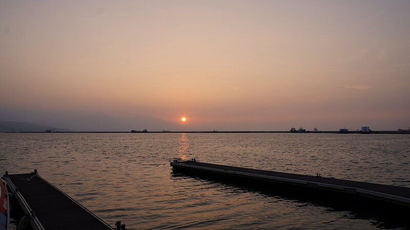 Sunset over Harbor — Orange, Serene, Photograph, Sun, Dock