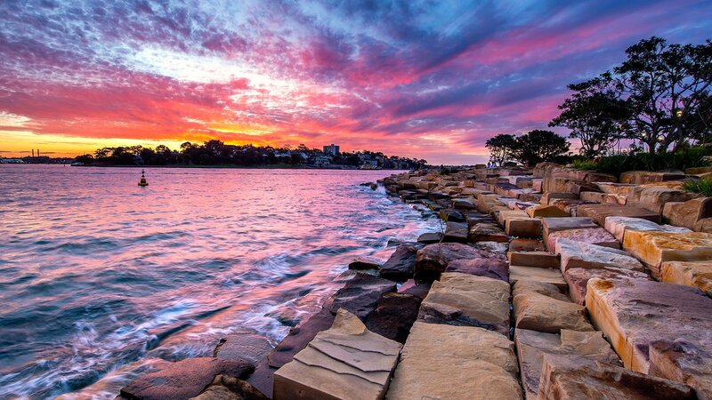 Sunset over Harbor — Pink, Dramatic
