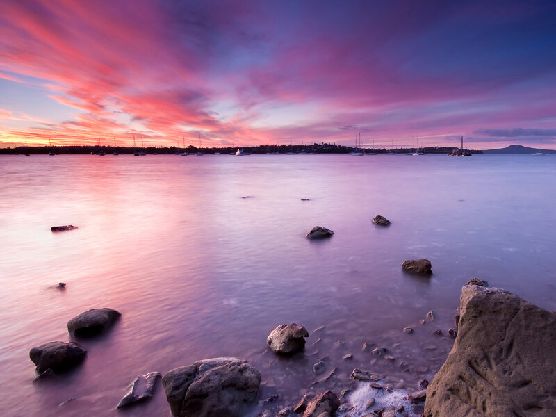 Sunset over Harbor — Pink, Serene, Photograph