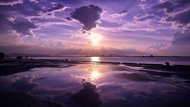 Sunset over Harbor — Purple, Dramatic, Photograph, Clouds, Sea