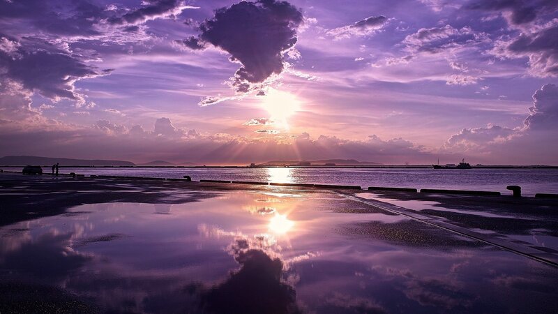 Sunset over Harbor — Purple, Dramatic, Photograph