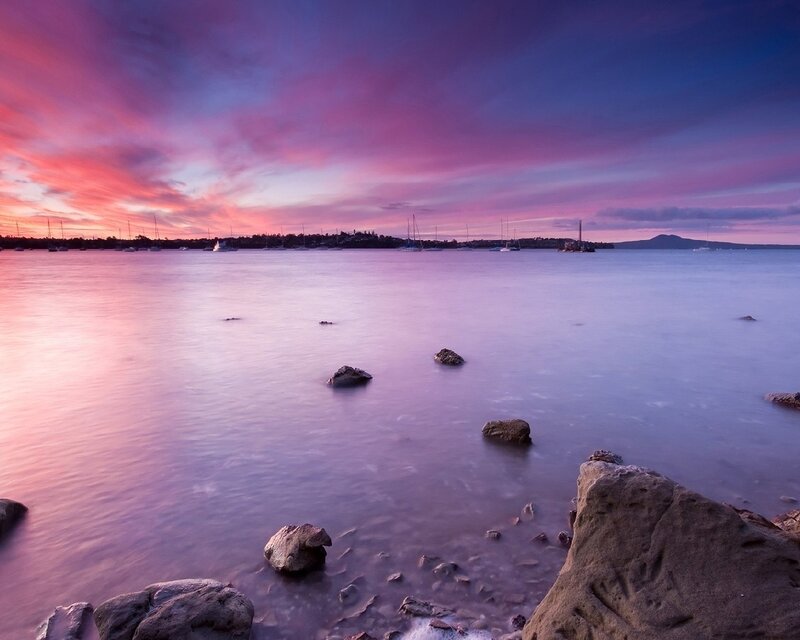 Sunset over Harbor — Purple, Serene, Photograph, Boats, Rocks, Sky