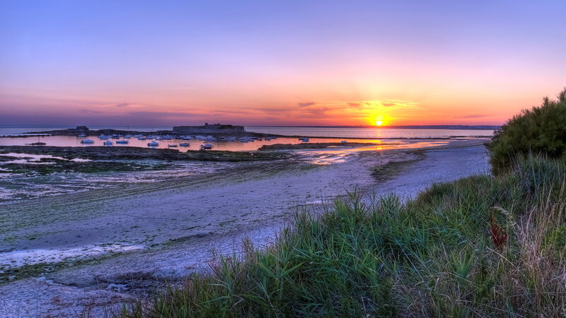 Sunset over Harbor — Purple, Serene, Photograph, Boats