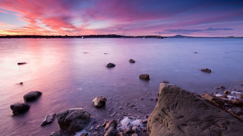 Sunset over Harbor — Purple, Serene, Photograph, Rocks