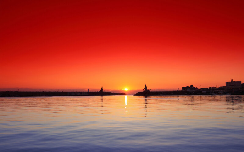 Sunset over Harbor — Red, Dramatic, Photograph