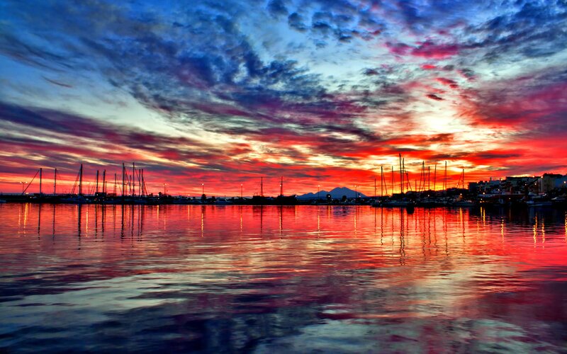 Sunset over Harbor — Red, Dramatic