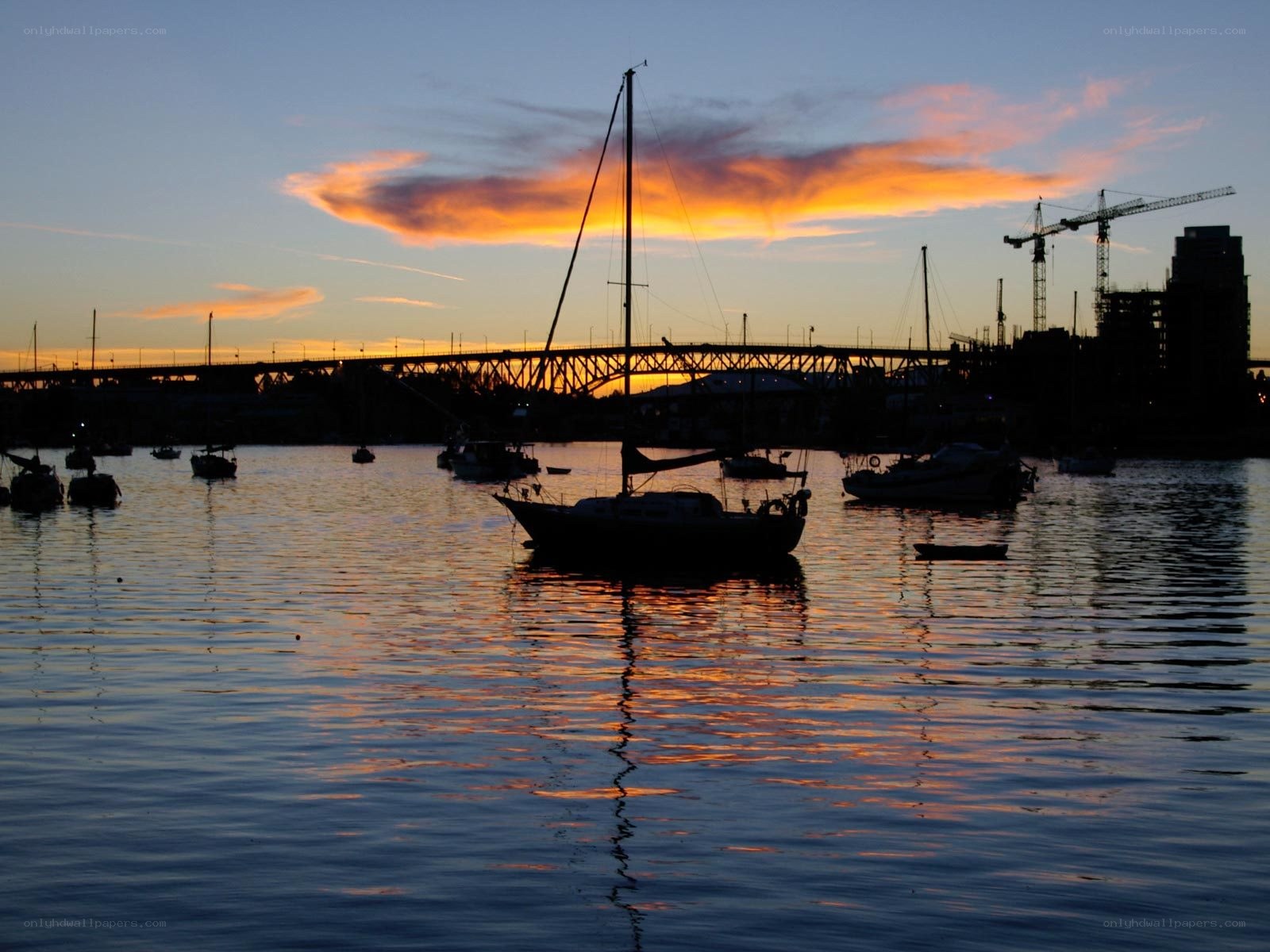 sunset over harbor with boats