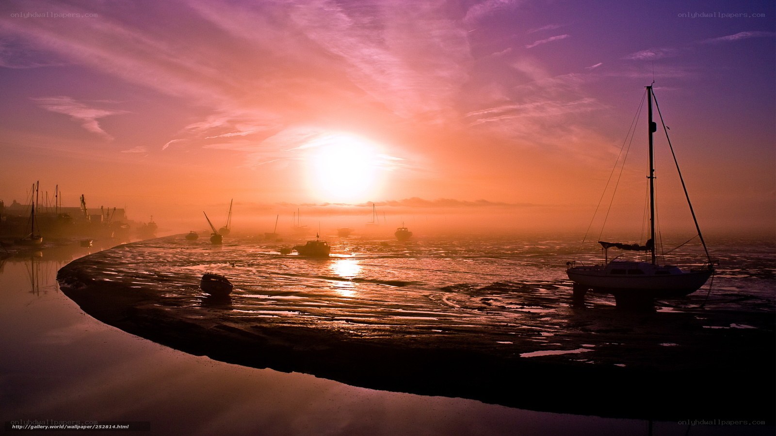 sunset over harbor with boats