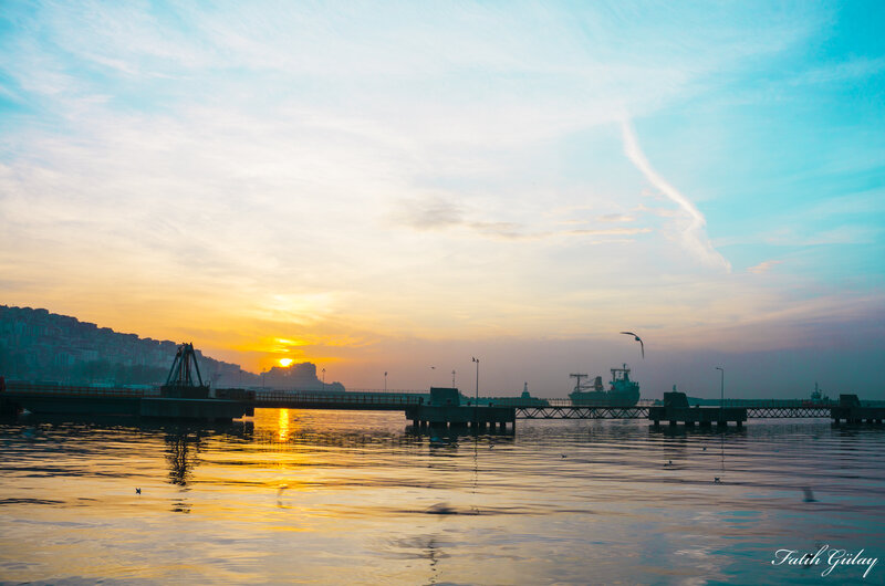 Sunset over Harbor — Yellow, Serene