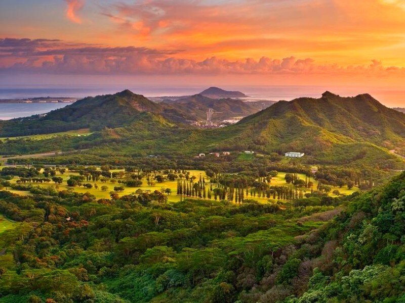 Sunset over Hawaiian hills