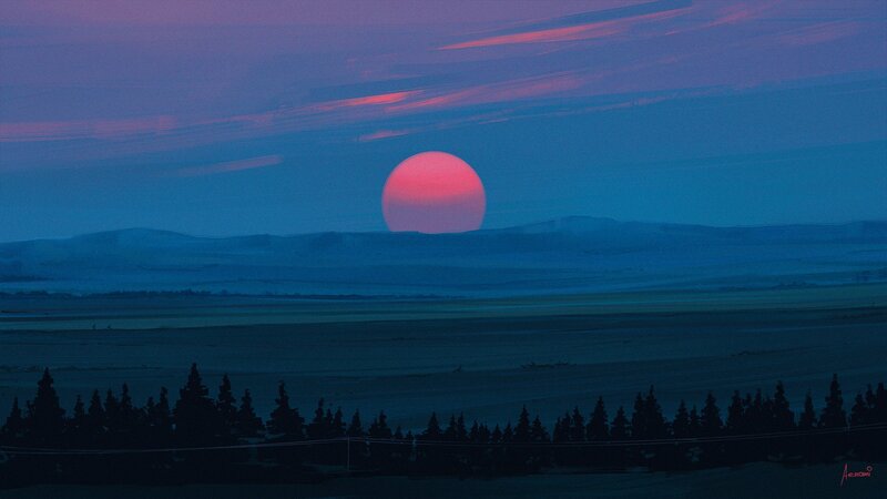 Sunset over Hills — Blue, Serene, Digital Art