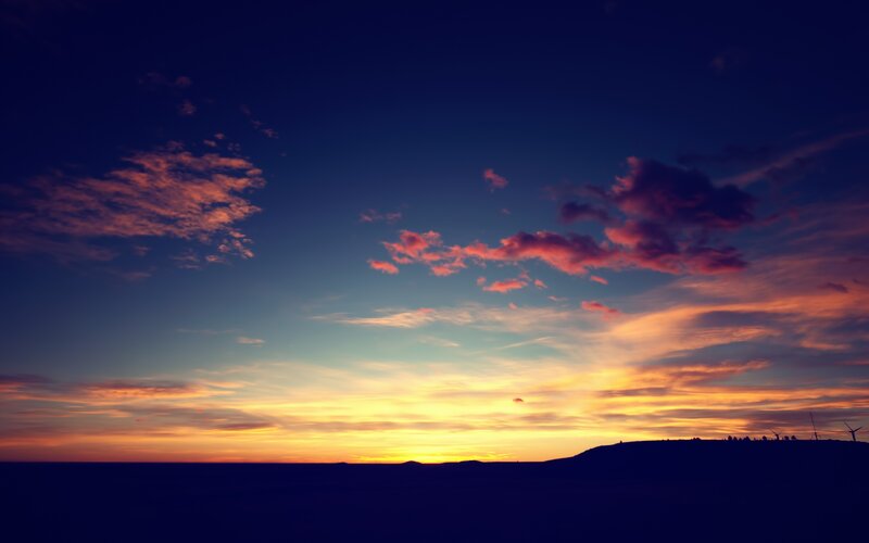 Sunset over Hills — Blue, Serene, Photograph, Clouds, Wind Turbines