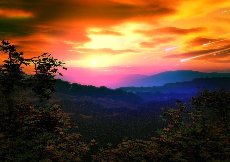 Sunset over Hills — Orange, Dramatic, Digital Art