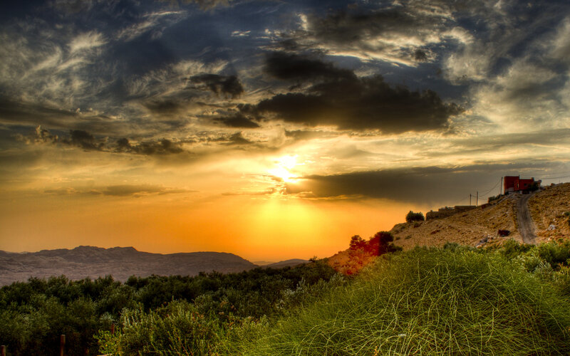 Sunset over Hills — Orange, Dramatic, Photograph, Clouds, Mountains, Building