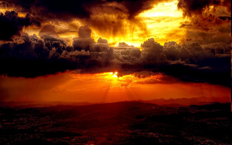 Sunset over Hills — Orange, Dramatic, Photograph, Clouds, Mountains, Sun