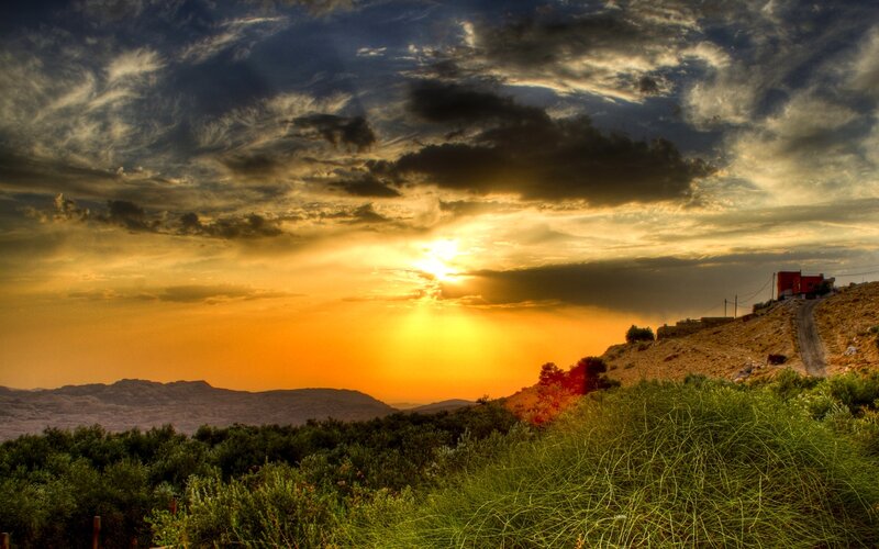 Sunset over Hills — Orange, Dramatic, Photograph, Clouds, Mountains