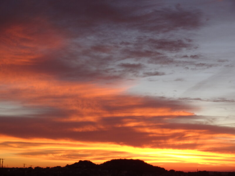 Sunset over Hills — Orange, Dramatic, Photograph, Clouds, Power Lines