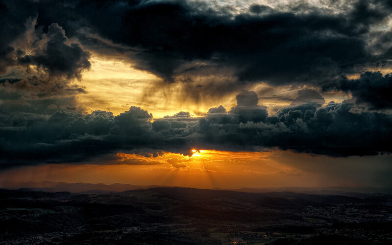 Sunset over Hills — Orange, Dramatic, Photograph, Clouds, Sunlight, Rain